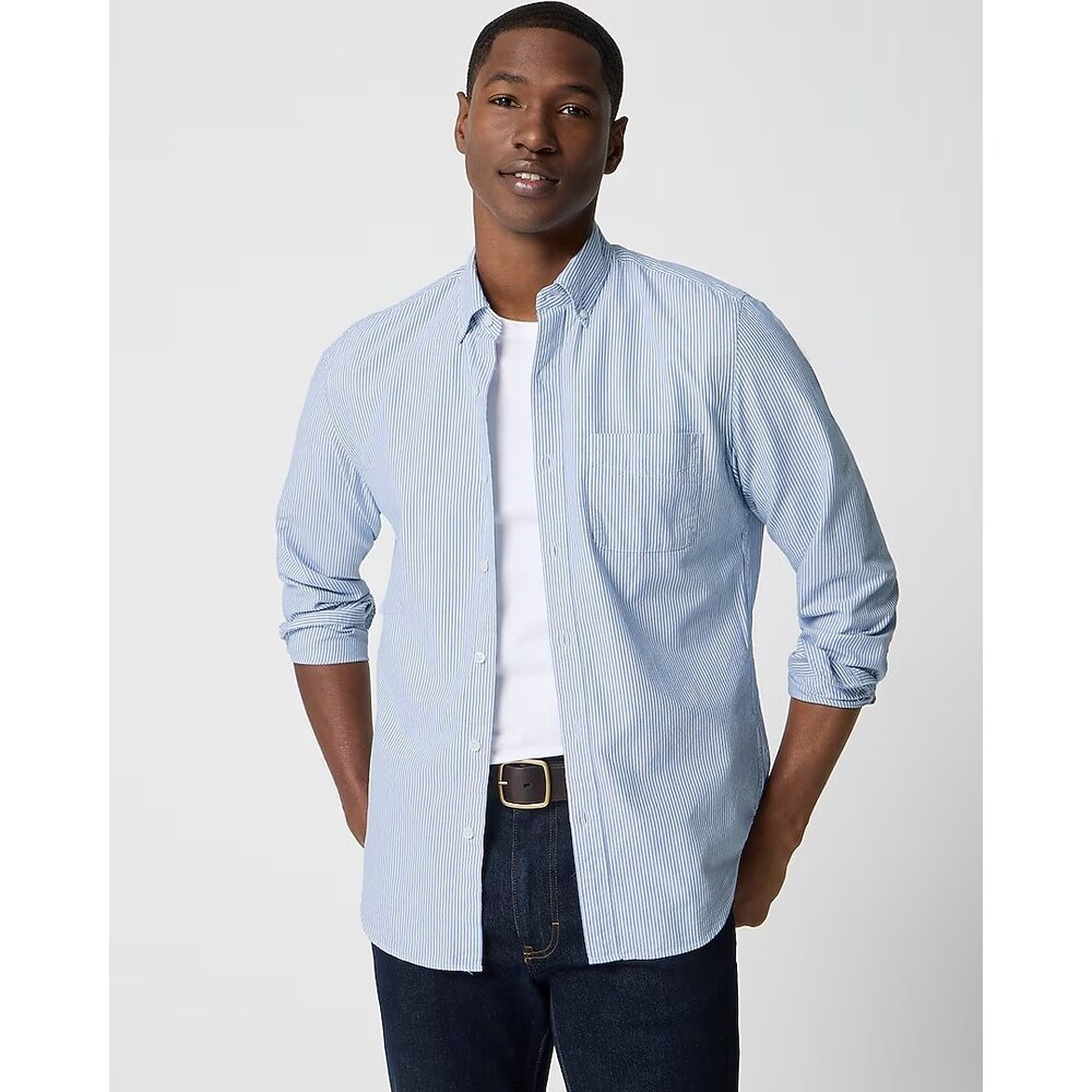 J Crew Flex Oxford Shirt NEW Mens L Slim Blue Stripe $89 Coastal Career Vacation